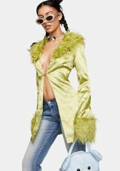 Elsie & Fred Marla Sateen Faux Fur Collar And Cuffs Jacket Faux Fur Jacket