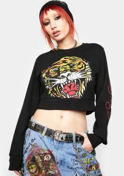 Ed Hardy Tiger Head Cropped Sweatshirt Graphic Pullovers & Hoodies