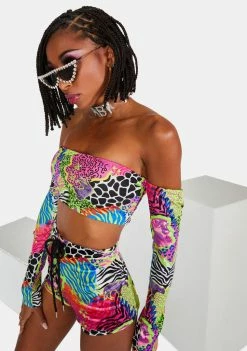 Elsie & Fred Tops Grounded Print Long Sleeve Bandeau Crop Top