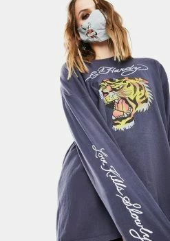 Ed Hardy Onyx Tiger Long Sleeve Graphic Tee Tops