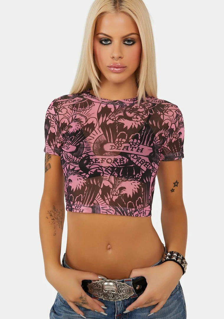 Best Pirce ⭐ Ed Hardy Graphic Crop Top DBD Eagle Crew Pink Power Mesh Top 👏 3 Ed Hardy Graphic Crop Top DBD Eagle Crew Pink Power Mesh Top