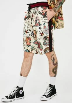 Ed Hardy Bottoms Flash Board Print Track Shorts