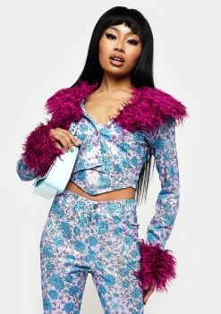 Elsie & Fred Wild Rose Faux Fur Collar Cardigan