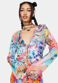 Elsie & Fred Dress Blouses Ruffle Front Sheer Collage Shirt