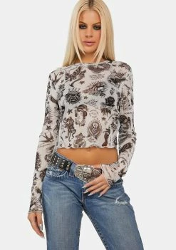 Ed Hardy Flashboard L/S Power Mesh Top Long Sleeve Crop Top