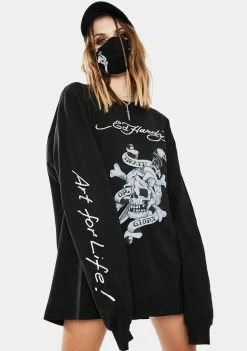 Ed Hardy Tops Onyx Skull Long Sleeve Graphic Tee