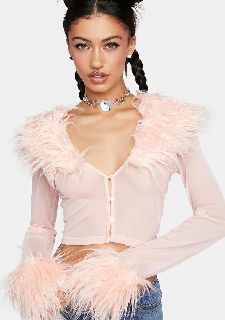 Flash Sale ⌛ Elsie & Fred Gostosa Sheer Fur Collar Cardigan Knit Cardigans ⭐ 3 Elsie & Fred Gostosa Sheer Fur Collar Cardigan Knit Cardigans