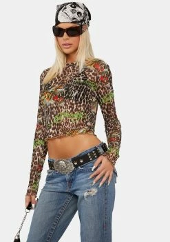 Ed Hardy Tops Tiger Leopard L/S Power Mesh Top