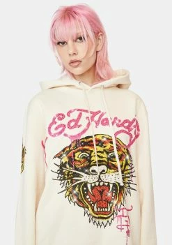 Ed Hardy Tops Ivory Fancy Tiger Hoodie