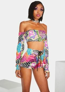 Elsie & Fred Grounded Print Velvet Lace-Up Shorts Bottoms