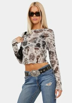 Ed Hardy Flashboard L/S Power Mesh Top Long Sleeve Crop Top