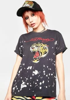 Ed Hardy Tiger Head Bleached Graphic Tee Graphic T-Shirt