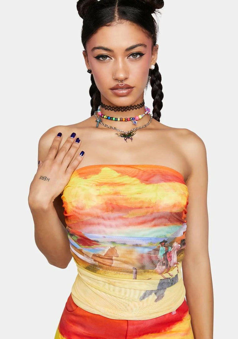 Cheap ๐ Elsie & Fred Rawhide Cowboy Print Mesh Layered Tube Top ๐ 3 Elsie & Fred Rawhide Cowboy Print Mesh Layered Tube Top