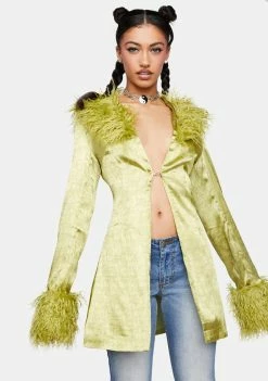 Elsie & Fred Marla Sateen Faux Fur Collar And Cuffs Jacket Faux Fur Jacket