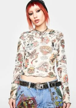 Ed Hardy Tops Flashboard Print Mesh Long Sleeve Top