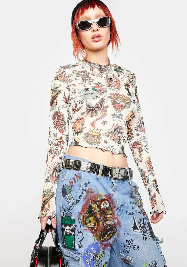 Buy ๐ Ed Hardy Tops Flashboard Print Mesh Long Sleeve Top ๐งจ 4 Ed Hardy Tops Flashboard Print Mesh Long Sleeve Top